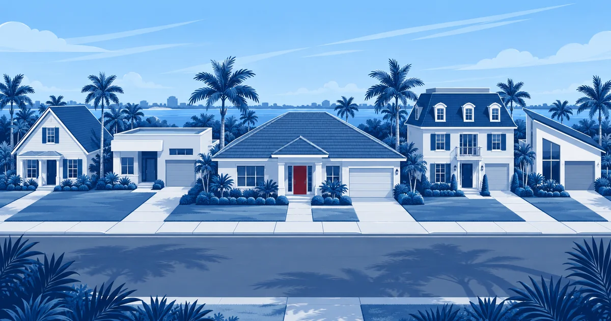 Una calle de Florida con casas de distintos tipos de techos, entre ellos techos a cuatro aguas, a dos aguas, planos y tipo mansarda, bajo un cielo azul despejado.