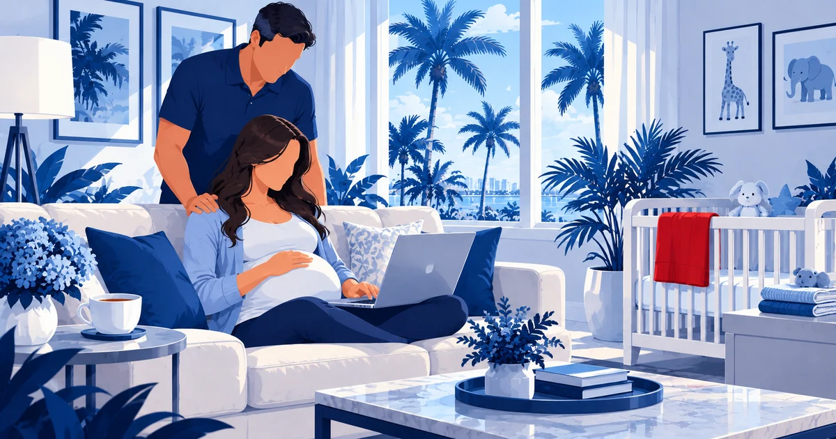 An expectant mother works on a laptop on the sofa as her partner stands behind her, with a crib and folded baby clothes nearby.