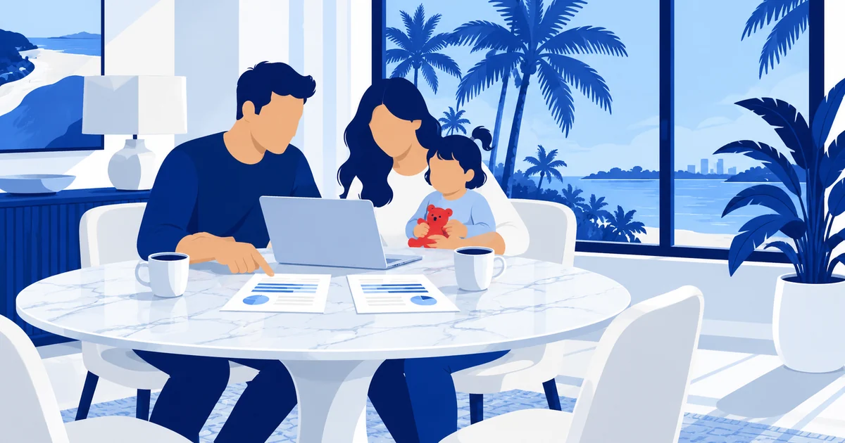 A Florida couple with a toddler sits at the dining table comparing two life insurance options on a laptop, palm trees outside the window.