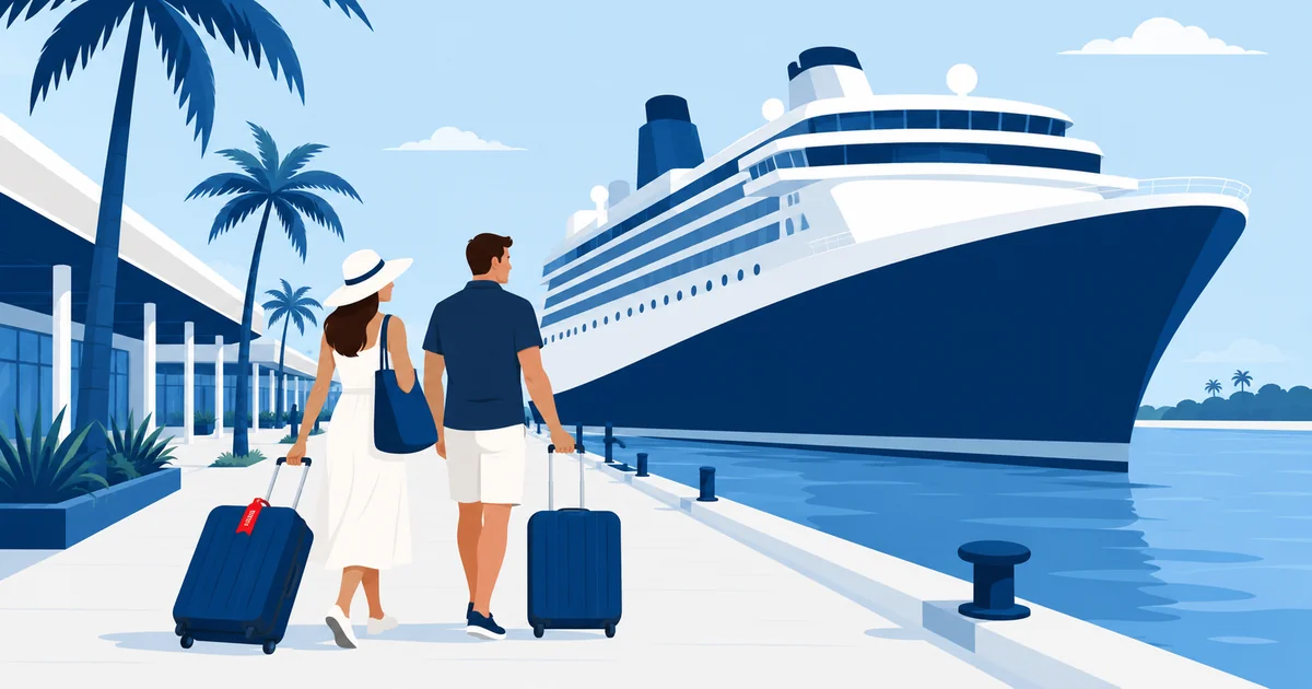 Couple with rolling suitcases on a Florida cruise terminal walkway looking toward a large cruise ship, palm trees beside them.