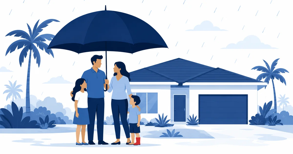 Family of four sheltered under one large navy umbrella in light rain outside their Florida home, palm trees behind them.