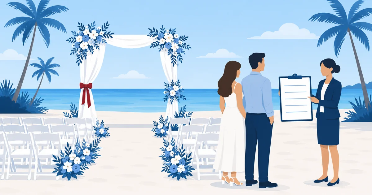 Wedding planner and couple reviewing a beach ceremony setup in Florida, white chairs and a floral arch under palm trees.