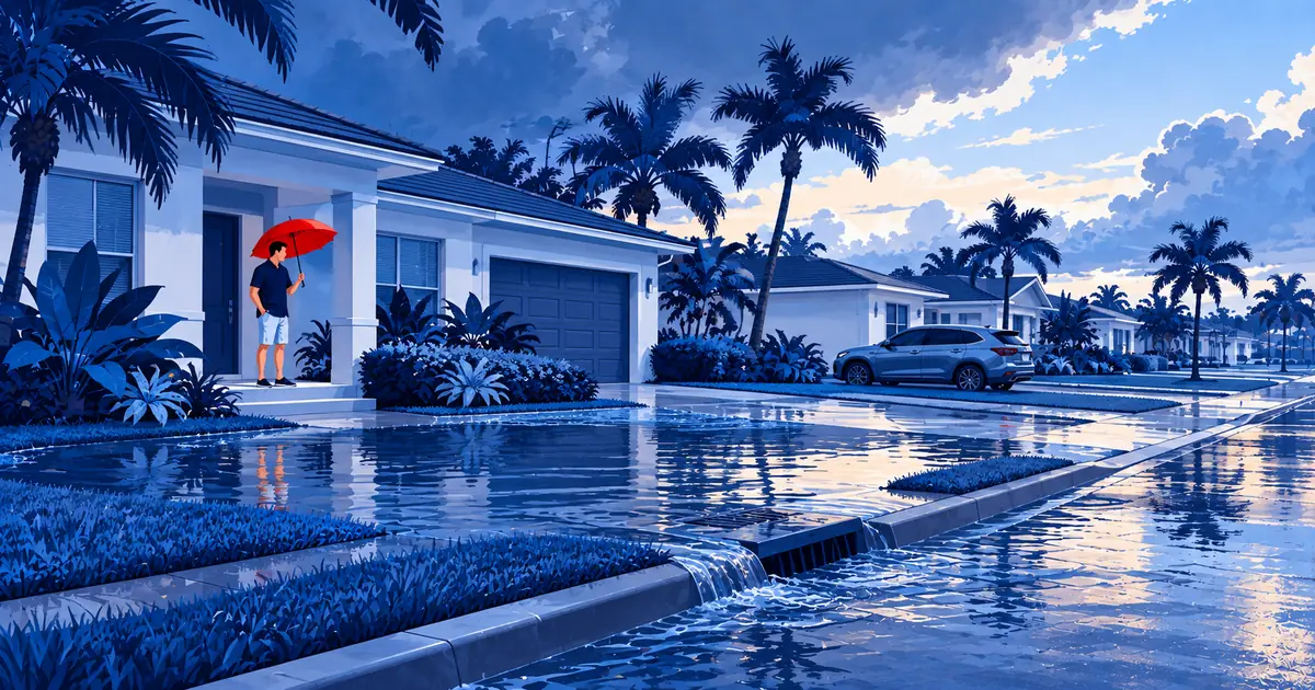 Rainwater from an overflowing storm drain spreads across a Florida front yard as a homeowner holding an umbrella watches from the porch.