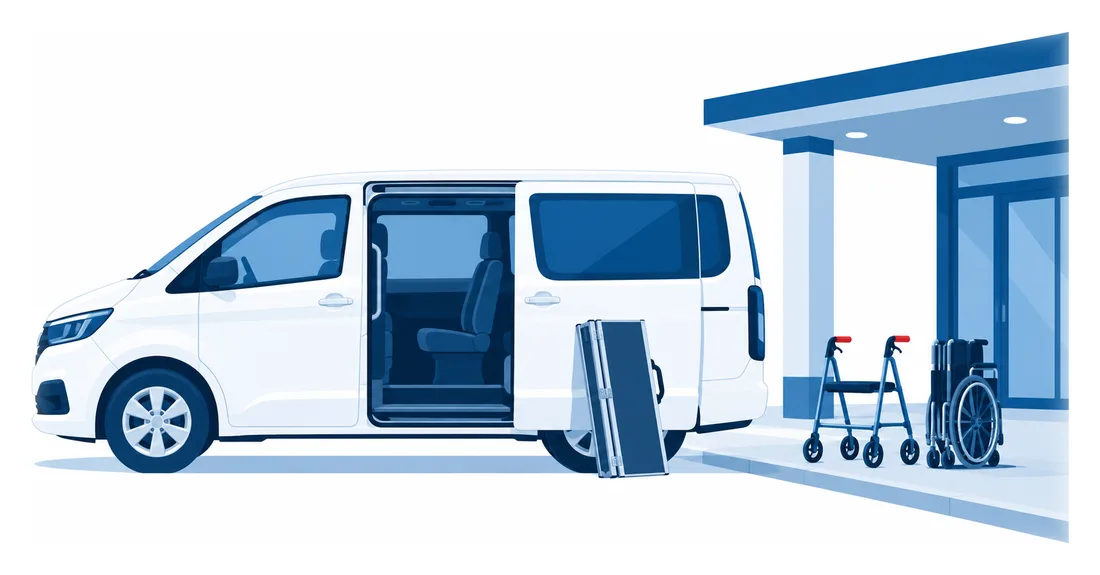 A passenger van with its side door open beside a walker and a folded wheelchair at a center entrance, the participant transportation commercial auto insurance covers