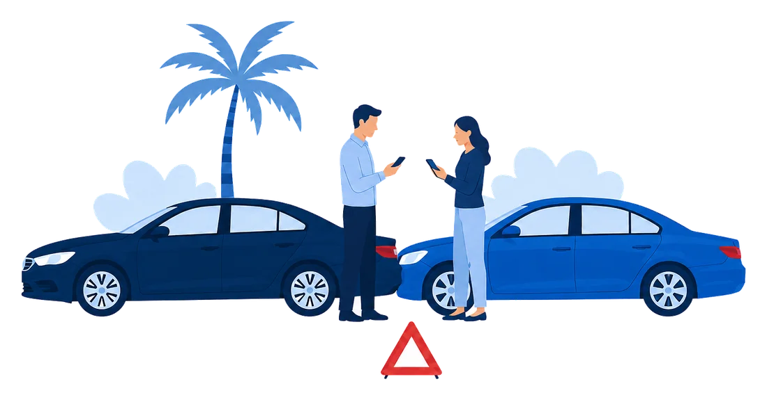 Two drivers exchanging insurance information after a minor accident in Florida, with a warning triangle placed on the road.