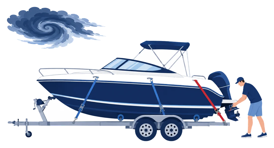 Boat owner strapping a motorboat to its haul-out trailer before a storm, part of a documented Florida hurricane plan.