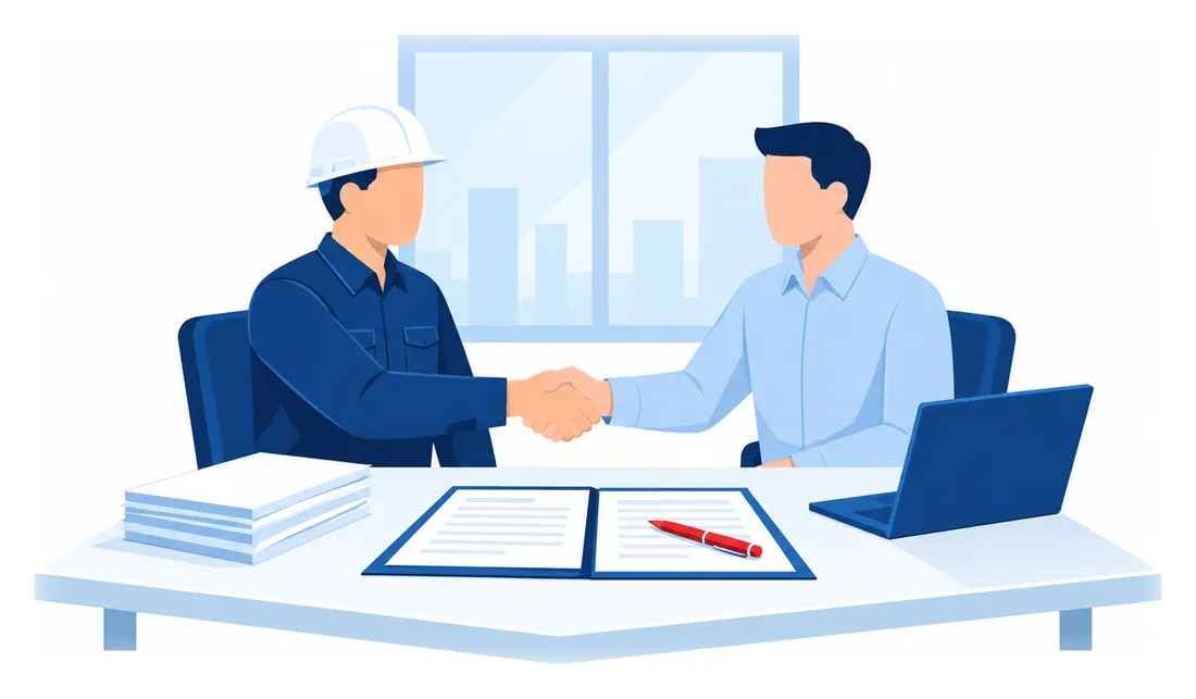 Un contratista y un agente de seguros se dan la mano sobre un contrato firmado y certificados de seguro, ilustración de los límites que exigen los contratos