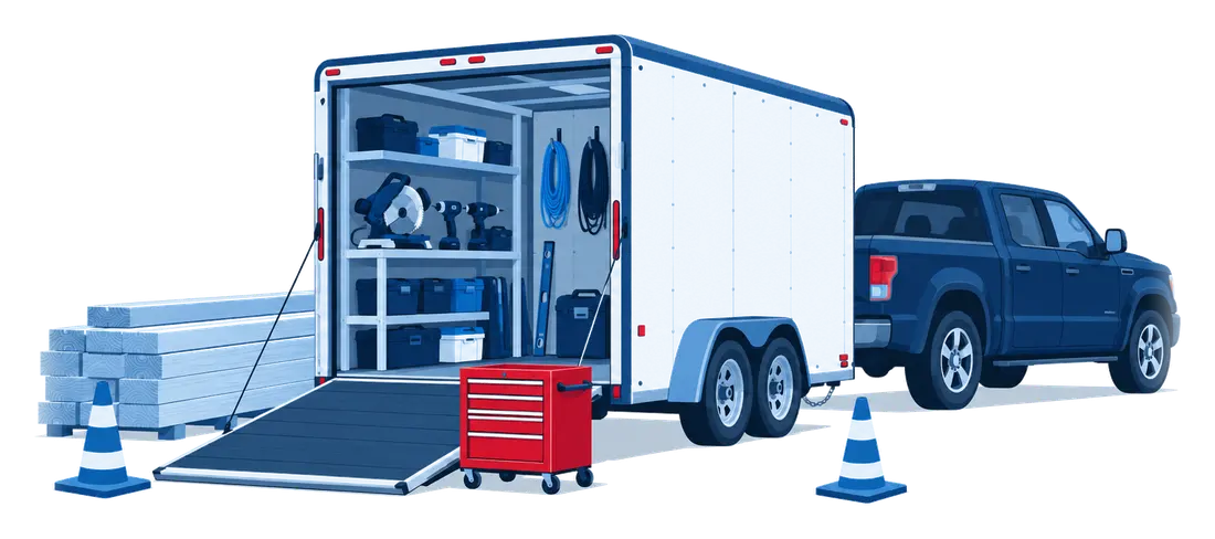 Un tráiler de herramientas abierto con herramientas eléctricas y una caja rodante en una obra en Florida, ilustración de la cobertura de herramientas y equipos