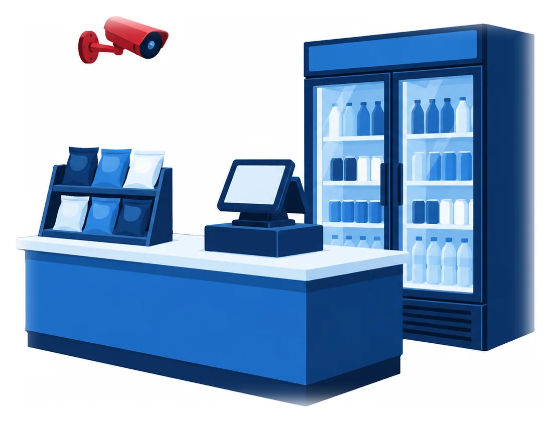 A convenience store checkout counter with a register, a snack rack, a drink cooler and a security camera above it