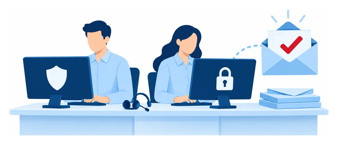 Dos especialistas en respuesta a filtraciones trabajan en sus monitores mientras salen los avisos a clientes, ilustración de la respuesta que paga una póliza cibernética