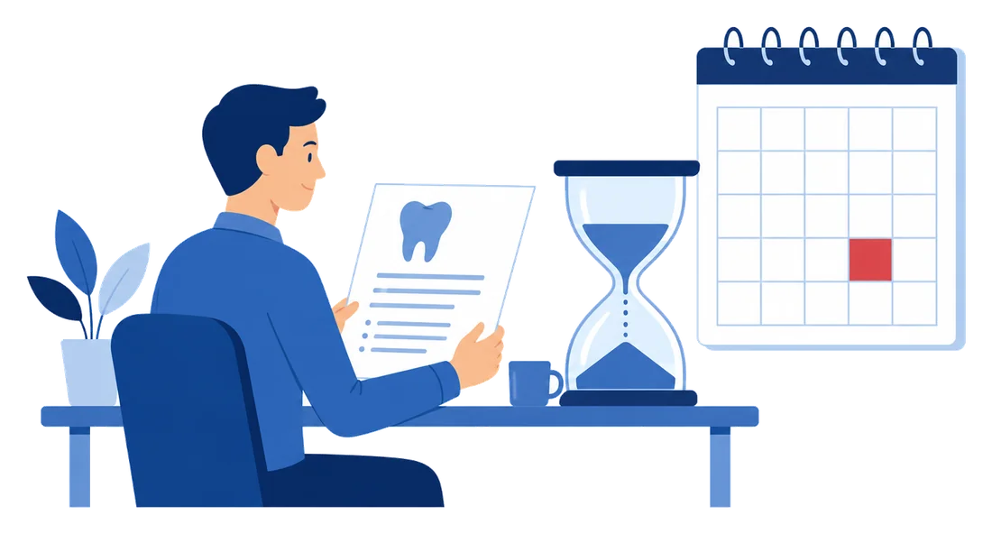 Patient reviewing a dental insurance plan document beside an hourglass and a calendar, illustrating waiting periods.