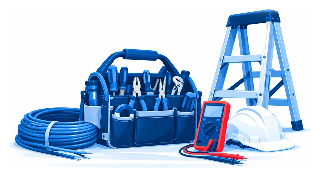 An electrician's tool bag, cable coil, step ladder, hard hat and multimeter, the tools an inland marine floater can cover