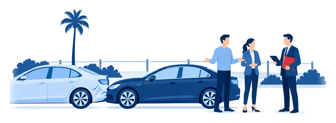A dealer's sedan on a test drive has bumped a parked car while an insurance agent with a folder talks with the customer and the salesperson, the kind of claim garage liability insurance pays