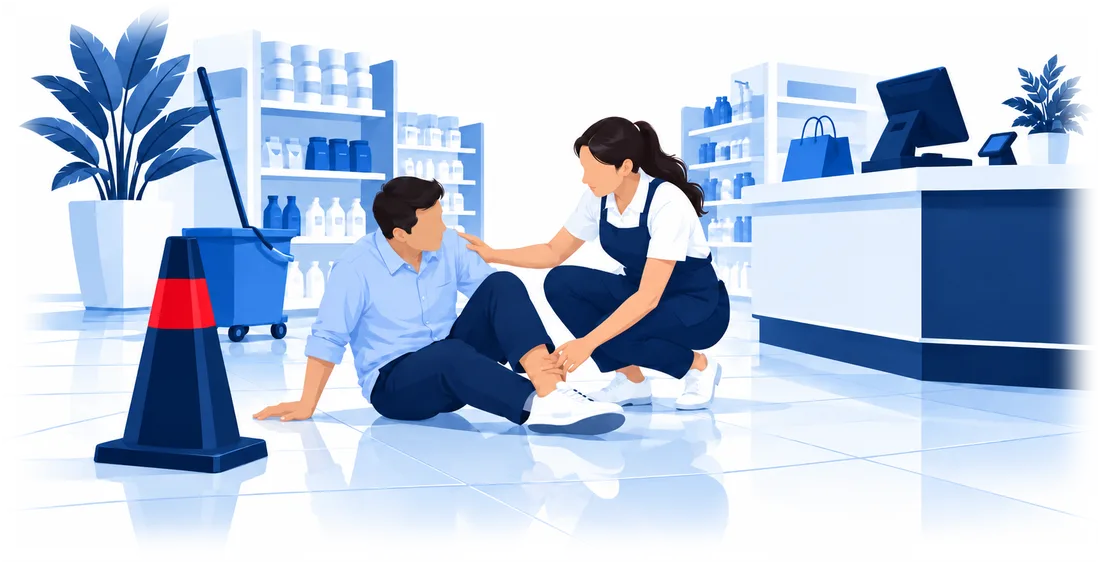A store employee helping a customer who slipped on a wet floor, illustrating the kind of claim general liability pays