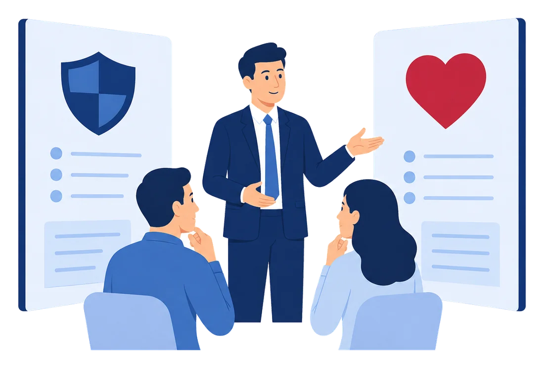 Insurance agent comparing Florida's two health insurance markets with a couple, one panel showing a shield and the other a heart.