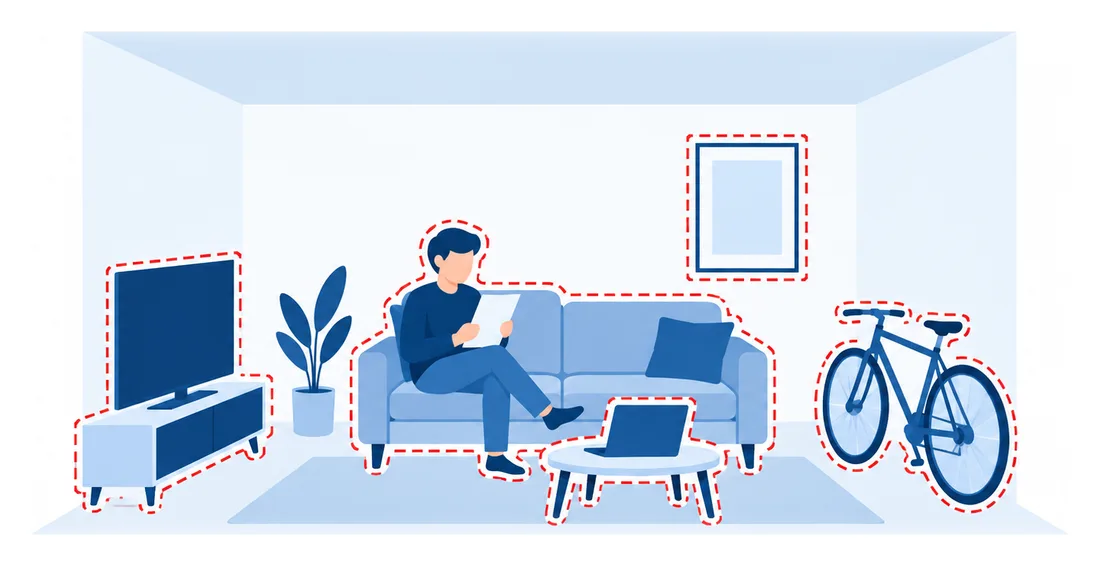A renter reads a policy on the sofa while a dashed outline marks the furniture and belongings a renters policy covers, flat vector illustration of renters insurance in Hialeah