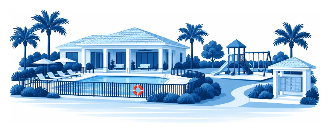 A community clubhouse, pool, playground and mailbox kiosk, the common area property an HOA insurance policy covers