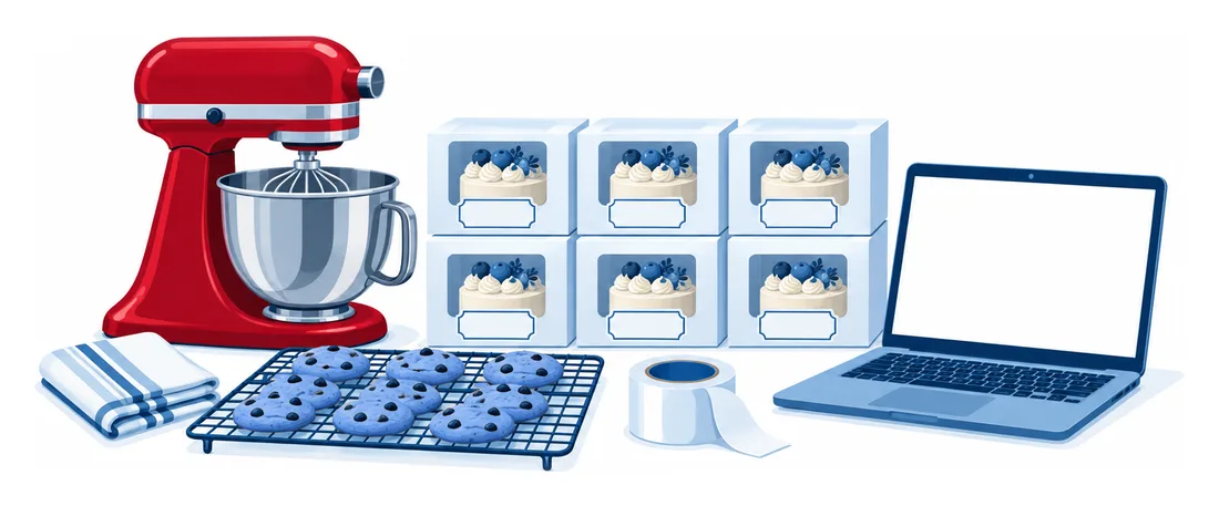 A home kitchen counter with a stand mixer, cookies on a cooling rack and boxed cakes with labels, ready for a cottage food baker's orders