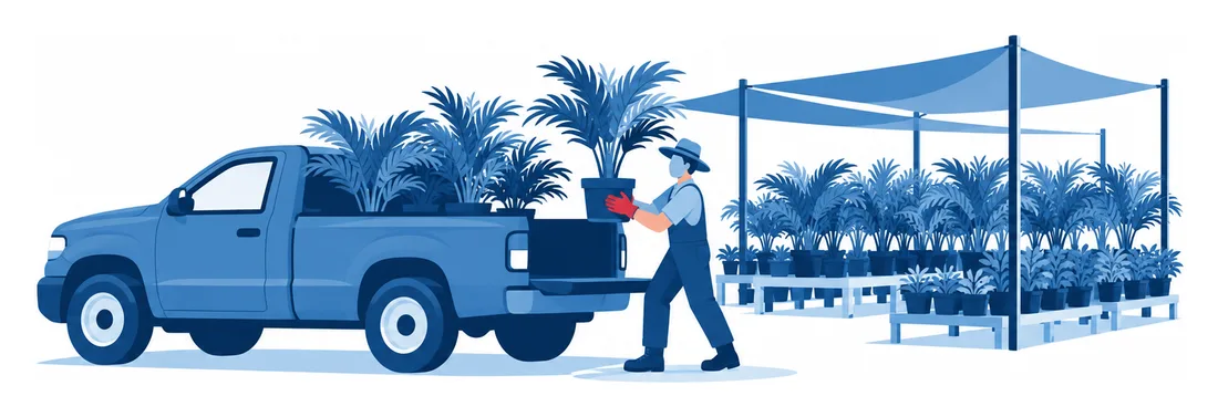 A worker loads potted palms into a pickup truck at a Homestead plant nursery, flat vector illustration of a work truck that may need commercial auto insurance
