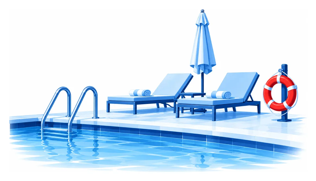 La esquina de la piscina de un hotel con dos tumbonas, una sombrilla cerrada y un salvavidas en un poste