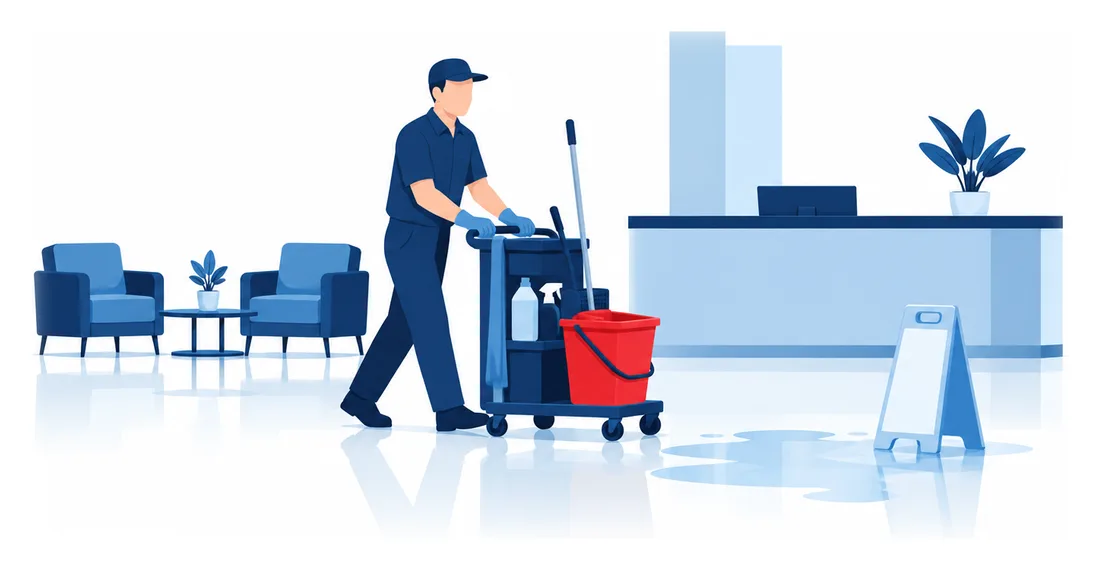 A janitor pushing a cleaning cart past a wet-floor sign in an office lobby at night, the slip claim general liability answers for a cleaning company