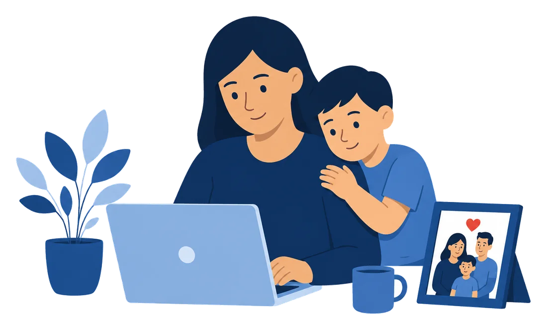 Parent completing a no-exam life insurance application on a laptop at home with her child at her side.