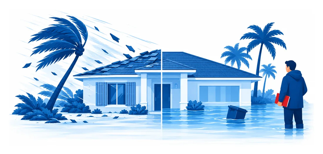 A Florida house split in two, wind tearing at the roof on one side and floodwater against the wall on the other, flat vector illustration of wind versus flood coverage in Miami