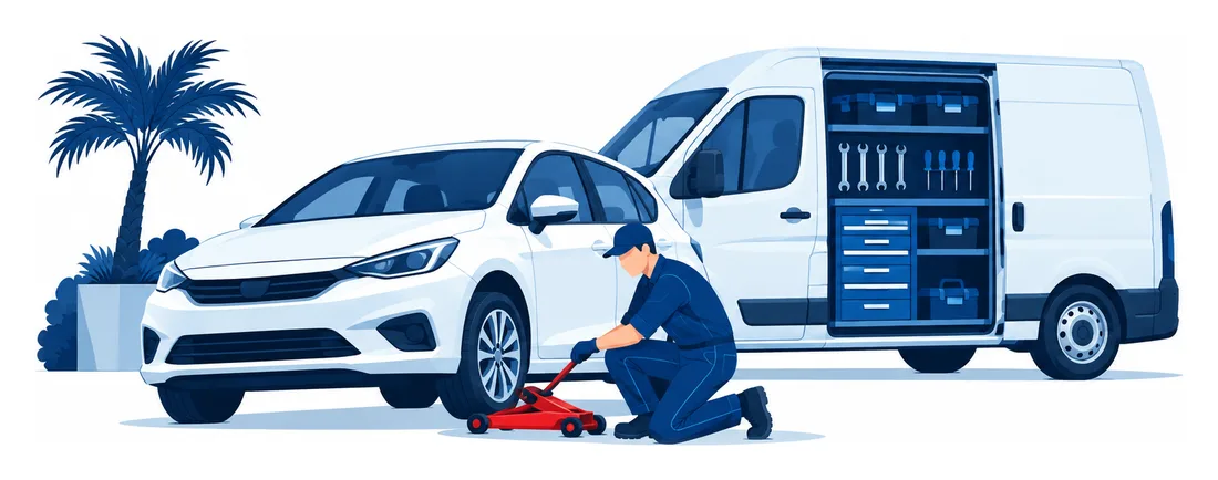 A mobile mechanic jacking up a customer's car in a driveway beside a service van full of tools, the work commercial auto and mechanic liability insurance follow