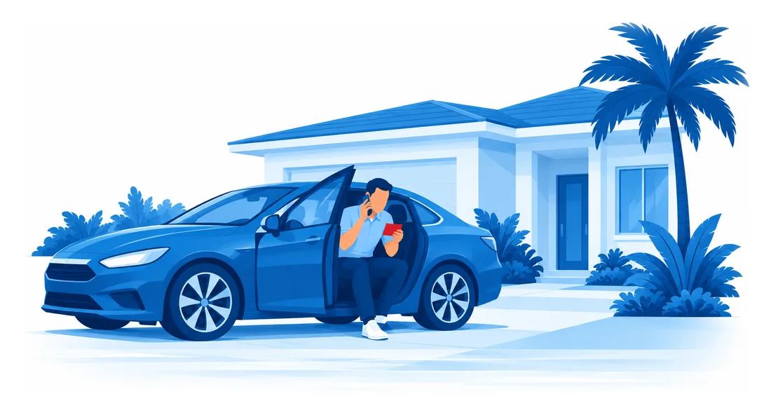A driver in a parked car holds a license card while talking on the phone in an Orlando driveway, flat vector illustration of getting an Orlando auto insurance quote by phone