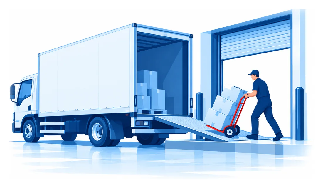A plant worker loading sealed product cartons into a box truck at a shipping dock, the moment product liability starts to follow what a manufacturer makes