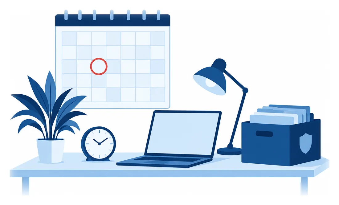 Un calendario de pared con una fecha marcada junto a una caja de expedientes de clientes, ilustración de la fecha retroactiva en una póliza claims-made