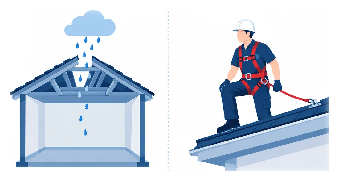 Rain falling through an open roof into a room beside a roofer in a safety harness, the two risks roofing liability and workers comp answer