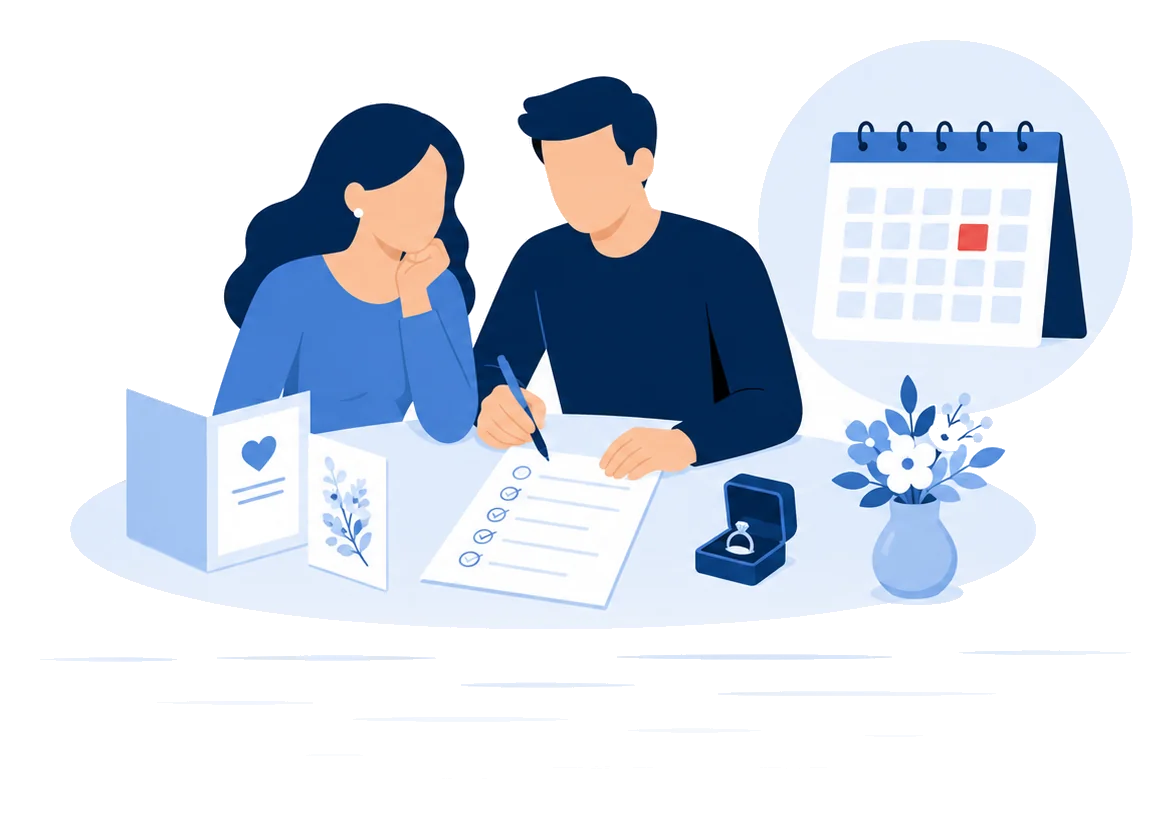 Pareja en una mesa de planificación de boda con lista, invitación, caja de anillo y un calendario con fecha marcada, ilustración vectorial